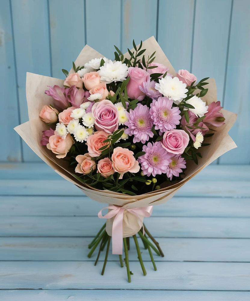 Букет цветов из: Хризантемы, Розы и Альстромерии в Эдельбае