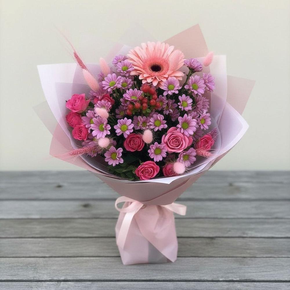 Букет цветов из: Розы, Герберы и Хризантемы в Эдельбае