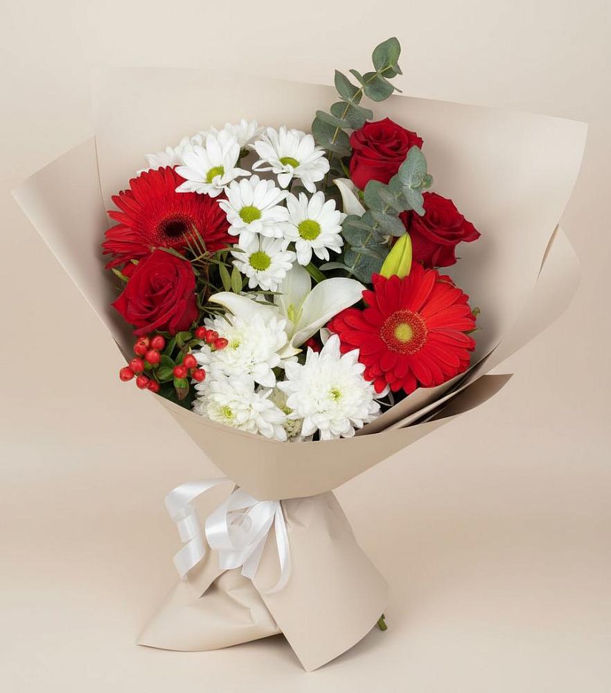 Букет цветов из: Розы, Хризантемы, Герберы и Лилии в Эдельбае