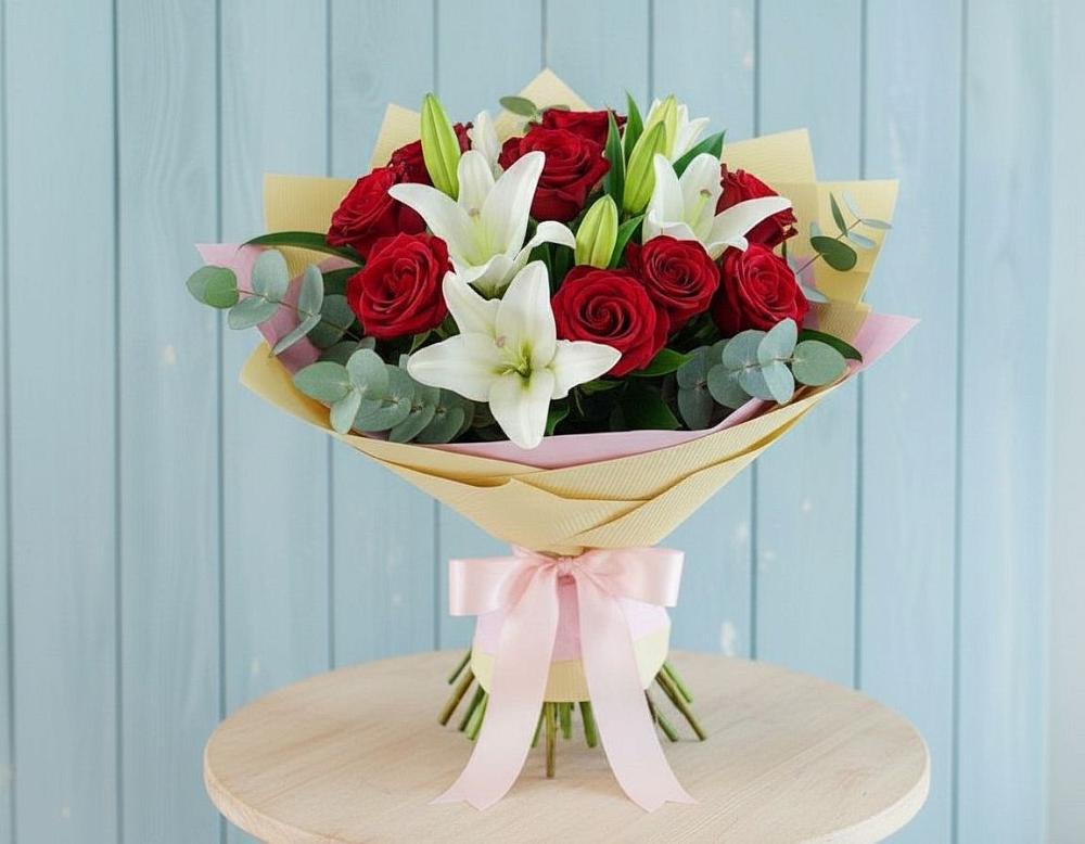 Букет цветов из: Лилии и Розы в Эдельбае