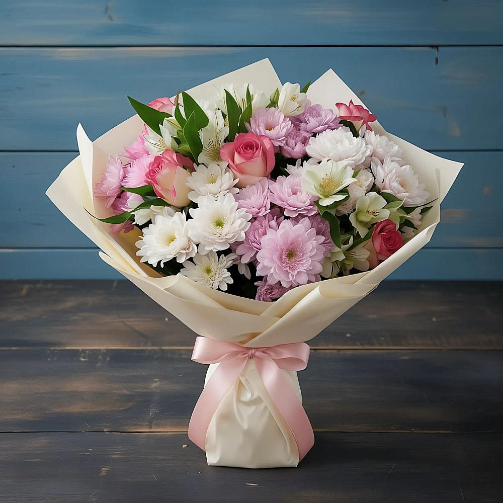 Букет цветов из: Хризантемы, Альстромерии и Розы в Эдельбае